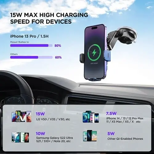 Simsiz avtomobil zaryadlovchisi, 【7 rangli LED yoritgichli】15W avtomatik qisqichli avtomobil zaryadlovchi telefon ushlagichi iPhone 14 13 12 Mini Pro Max 11 XR XS X, Samsung Galaxy S23 Ultra S22 S21+ S10+ Note 20 va boshqalar uchun mos - Moviy - 3