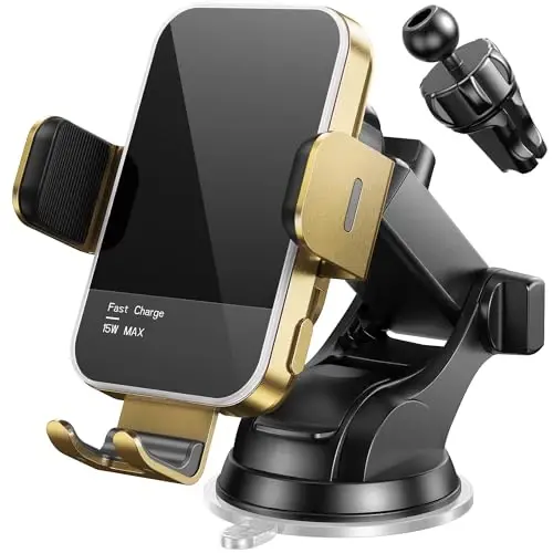 Simsiz avtomobil zaryadlovchisi, 【7 rangli RGB orqa yoritgichli】 15W avtomatik qisuvchi telefon ushlagichlari iPhone 16 15 14 13 12 Mini Pro Max 11 XR XS X, Samsung Galaxy S24 Ultra S23 S22 S21+ Note 20 va boshqalar uchun - Oltin - 1