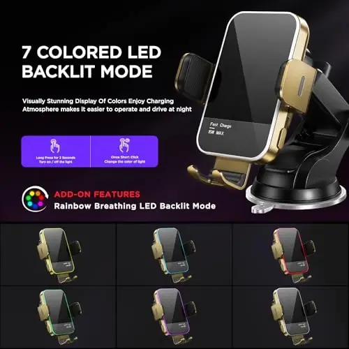 Simsiz avtomobil zaryadlovchisi, 【7 rangli RGB orqa yoritgichli】 15W avtomatik qisuvchi telefon ushlagichlari iPhone 16 15 14 13 12 Mini Pro Max 11 XR XS X, Samsung Galaxy S24 Ultra S23 S22 S21+ Note 20 va boshqalar uchun - Oltin - MOSURR (1)