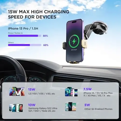 Simsiz avtomobil zaryadlovchisi, 【7 rangli RGB orqa yoritgichli】 15W avtomatik qisuvchi telefon ushlagichlari iPhone 16 15 14 13 12 Mini Pro Max 11 XR XS X, Samsung Galaxy S24 Ultra S23 S22 S21+ Note 20 va boshqalar uchun - Oltin - 3