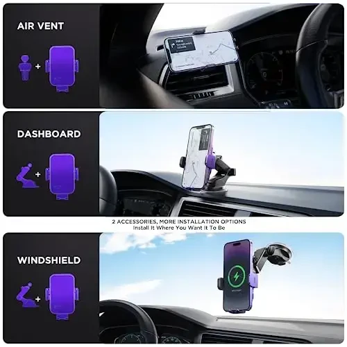 Simsiz avtomobil zaryadlovchisi, 【7 rangli RGB yoritgichli】15W avtomatik qisqichli avtomobil zaryadlovchi telefon ushlagichi iPhone 16 15 14 13 12 Mini Pro Max 11, Samsung Galaxy S24 Ultra S23 S22 S21+ S10+ Note 20 va boshqalar uchun - Binafsha - 6