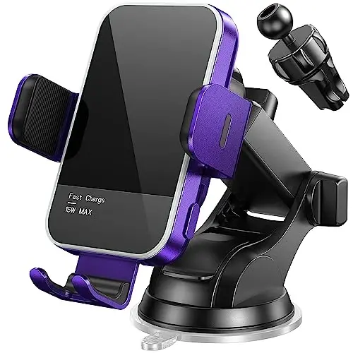 Simsiz avtomobil zaryadlovchisi, 【7 rangli RGB yoritgichli】15W avtomatik qisqichli avtomobil zaryadlovchi telefon ushlagichi iPhone 16 15 14 13 12 Mini Pro Max 11, Samsung Galaxy S24 Ultra S23 S22 S21+ S10+ Note 20 va boshqalar uchun - Binafsha 