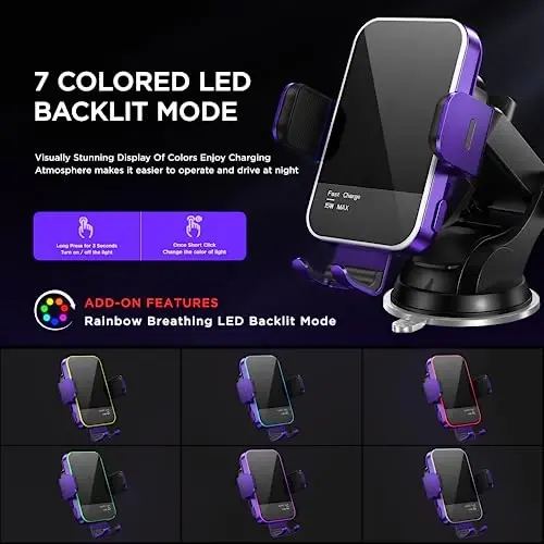 Simsiz avtomobil zaryadlovchisi, 【7 rangli RGB yoritgichli】15W avtomatik qisqichli avtomobil zaryadlovchi telefon ushlagichi iPhone 16 15 14 13 12 Mini Pro Max 11, Samsung Galaxy S24 Ultra S23 S22 S21+ S10+ Note 20 va boshqalar uchun - Binafsha - 2