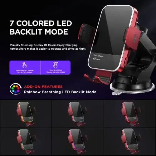 Simsiz avtomobil zaryadlovchisi, 【7 rangli RGB yoritgichli】Mosurr 15W avtomatik qisqichli avtomobil zaryadlovchi telefon ushlagichi iPhone 15 14 13 12 Mini Pro Max 11 XR XS, Samsung Galaxy S24 Ultra S23 S22 S21+ Note 20 va boshqalar uchun mos - MOSURR (1)