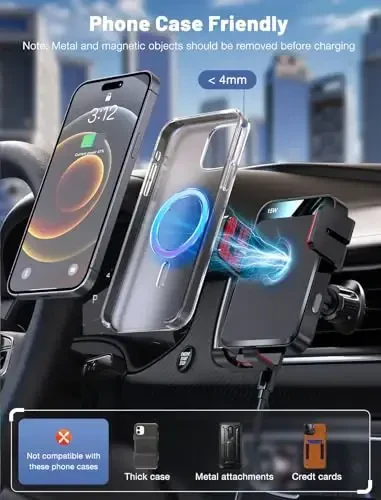 Simsiz avtomobil zaryadlovchisi, MOKPR avtomatik qisqichli avtomobil ushlagichi 15W/10W/7.5W tez zaryadlash havo teshikli avtomobil telefon ushlagichi iPhone 15/14/13/13 Pro/12 Pro Max/12/11/10/8 seriyalari, Samsung Galaxy seriyasi Qizil bilan mos keladi - 4