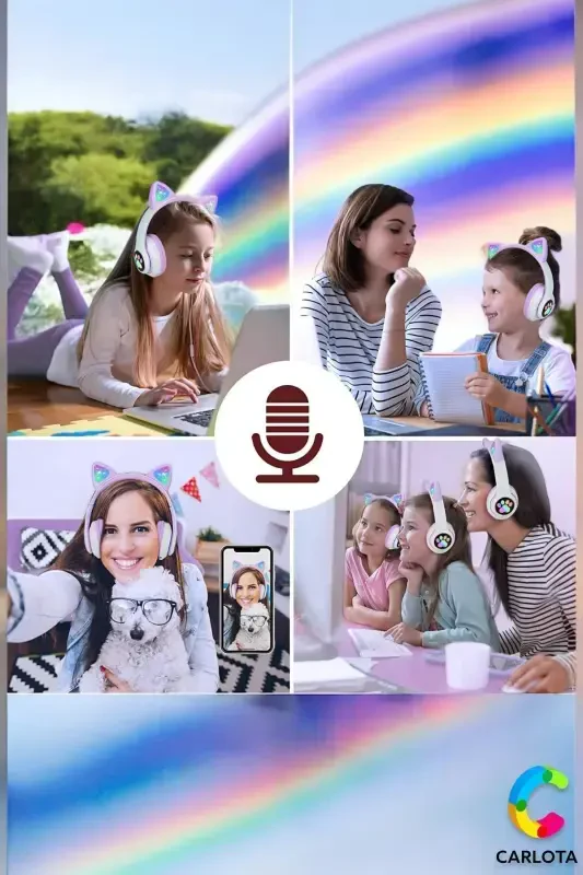 Simsiz Bluetooth 5.0 Led chiroqli mushuk quloqli naushnik sovg'asi ios Android mos 8d Stereo Hd ovoz-Lila - 6