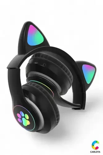 Simsiz Bluetooth 5.0 Led chiroqli mushuk quloqli naushnik sovg'asi ios Android mos 8d Stereo Hd ovoz - QORA - 5