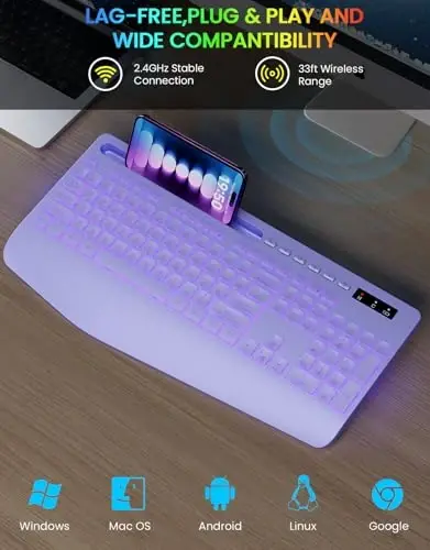 Simsiz klaviatura, 7 rangli orqa yoritgich, bilak uchun tayanch, telefon ushlagichi, qayta zaryadlanuvchi ergonomik kompyuter klaviaturasi, jim tugmachali to'liq o'lchamli yoritilgan klaviatura Windows, MacBook, PC, noutbuk uchun (binafsha) - 5