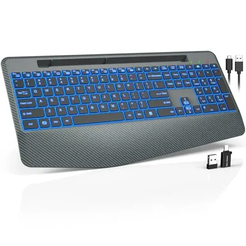 Simsiz klaviatura 7 rangli orqa yorug'lik, bilak suyanchi, telefon ushlagichi, qayta zaryadlanuvchi ergonomik kompyuter klaviaturasi, ovozsiz tugmali, Windows, MacBook, PC, noutbuk uchun to'liq o'lchamli yoritilgan klaviatura (kulrang) - 1