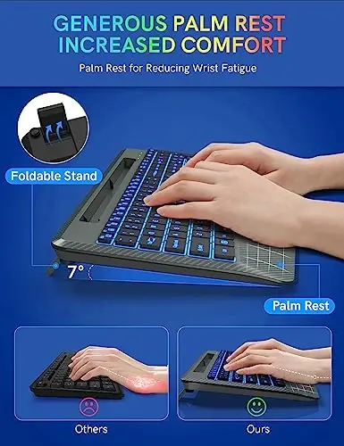 Simsiz klaviatura 7 rangli orqa yorug'lik, bilak suyanchi, telefon ushlagichi, qayta zaryadlanuvchi ergonomik kompyuter klaviaturasi, ovozsiz tugmali, Windows, MacBook, PC, noutbuk uchun to'liq o'lchamli yoritilgan klaviatura (kulrang) - 3