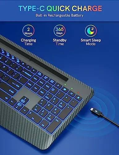 Simsiz klaviatura 7 rangli orqa yorug'lik, bilak suyanchi, telefon ushlagichi, qayta zaryadlanuvchi ergonomik kompyuter klaviaturasi, ovozsiz tugmali, Windows, MacBook, PC, noutbuk uchun to'liq o'lchamli yoritilgan klaviatura (kulrang) - 4