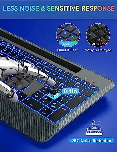 Simsiz klaviatura 7 rangli orqa yorug'lik, bilak suyanchi, telefon ushlagichi, qayta zaryadlanuvchi ergonomik kompyuter klaviaturasi, ovozsiz tugmali, Windows, MacBook, PC, noutbuk uchun to'liq o'lchamli yoritilgan klaviatura (kulrang) - 5