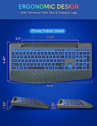 Simsiz klaviatura 7 rangli orqa yorug'lik, bilak suyanchi, telefon ushlagichi, qayta zaryadlanuvchi ergonomik kompyuter klaviaturasi, ovozsiz tugmali, Windows, MacBook, PC, noutbuk uchun to'liq o'lchamli yoritilgan klaviatura (kulrang) - 6
