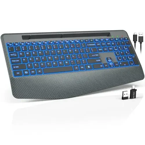 Simsiz klaviatura 7 rangli orqa yorug'lik, bilak suyanchi, telefon ushlagichi, qayta zaryadlanuvchi ergonomik kompyuter klaviaturasi, ovozsiz tugmali, Windows, MacBook, PC, noutbuk uchun to'liq o'lchamli yoritilgan klaviatura (kulrang) - 1