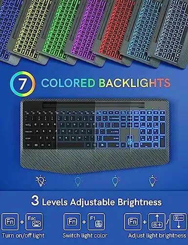 Simsiz klaviatura 7 rangli orqa yorug'lik, bilak suyanchi, telefon ushlagichi, qayta zaryadlanuvchi ergonomik kompyuter klaviaturasi, ovozsiz tugmali, Windows, MacBook, PC, noutbuk uchun to'liq o'lchamli yoritilgan klaviatura (kulrang) - 2