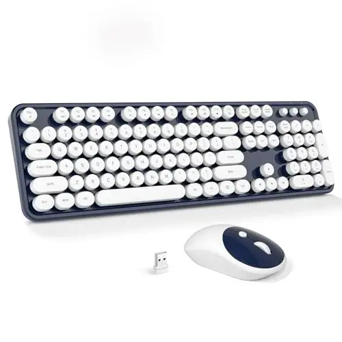 Simsiz Klaviatura va Sichqoncha Kombinatsiyasi - GEEZER Deepblue-Oq To'liq O'lchamli Rangli Klaviatura 104 Tugma - USB 2.4 G Qabul qiluvchi Plug and Play Dumaloq Kalpak Yozuv Mashinasi Klaviaturalari, Windows, PC, Noutbuk, Desktop uchun 
