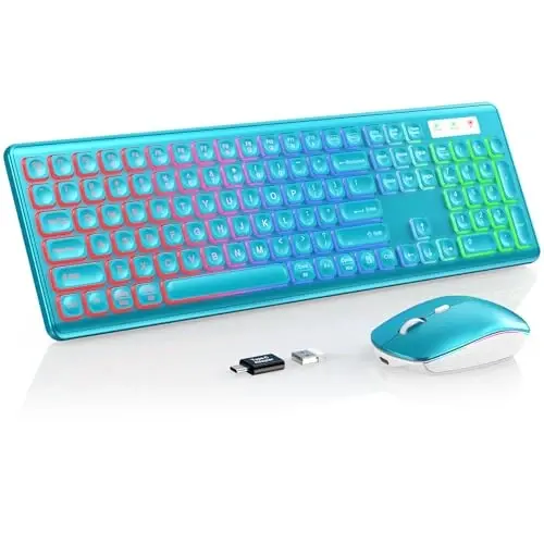 Simsiz Klaviatura va Sichqoncha Kombinatsiyasi, RGB Orqa Yorug'likli, Zaryadlanuvchi va Yorqin Harflar, To'liq O'lchamli, Yumshoq Terish, Uyqu rejimi, Mac, Windows, Laptop, PC uchun 2,4 GHz Tinch Klaviatura To'plami, Trueque (Metall Ko'k) 