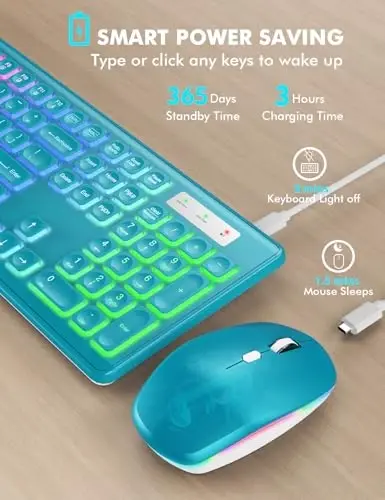 Simsiz Klaviatura va Sichqoncha Kombinatsiyasi, RGB Orqa Yorug'likli, Zaryadlanuvchi va Yorqin Harflar, To'liq O'lchamli, Yumshoq Terish, Uyqu rejimi, Mac, Windows, Laptop, PC uchun 2,4 GHz Tinch Klaviatura To'plami, Trueque (Metall Ko'k) - 3