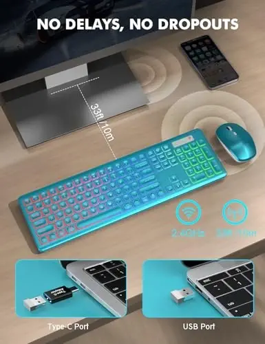 Simsiz Klaviatura va Sichqoncha Kombinatsiyasi, RGB Orqa Yorug'likli, Zaryadlanuvchi va Yorqin Harflar, To'liq O'lchamli, Yumshoq Terish, Uyqu rejimi, Mac, Windows, Laptop, PC uchun 2,4 GHz Tinch Klaviatura To'plami, Trueque (Metall Ko'k) - 4