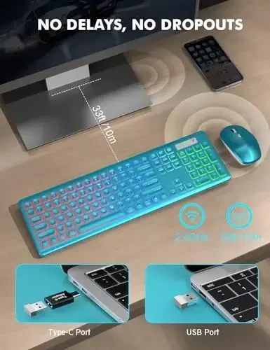 Simsiz Klaviatura va Sichqoncha Kombinatsiyasi, RGB Orqa Yorug'likli, Zaryadlanuvchi va Yorqin Harflar, To'liq O'lchamli, Yumshoq Terish, Uyqu rejimi, Mac, Windows, Laptop, PC uchun 2,4 GHz Tinch Klaviatura To'plami, Trueque (Metall Ko'k) - 4