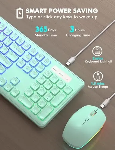 Simsiz klaviatura va sichqoncha kombinatsiyasi - RGB yoritgichli, qayta zaryadlanuvchi va yoritilgan harflar, to'liq o'lchamli, ergonomik eğim burchagi, uyqu rejimi, Mac, Windows, noutbuk, PC, yalpiz yashil uchun 2,4 GHz sokin klaviatura sichqonchasi - 2