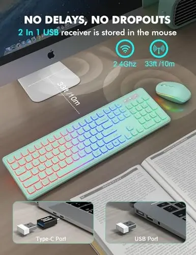 Simsiz klaviatura va sichqoncha kombinatsiyasi - RGB yoritgichli, qayta zaryadlanuvchi va yoritilgan harflar, to'liq o'lchamli, ergonomik eğim burchagi, uyqu rejimi, Mac, Windows, noutbuk, PC, yalpiz yashil uchun 2,4 GHz sokin klaviatura sichqonchasi - 3