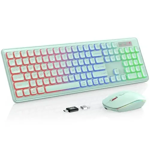 Simsiz klaviatura va sichqoncha kombinatsiyasi - RGB yoritgichli, qayta zaryadlanuvchi va yoritilgan harflar, to'liq o'lchamli, ergonomik eğim burchagi, uyqu rejimi, Mac, Windows, noutbuk, PC, yalpiz yashil uchun 2,4 GHz sokin klaviatura sichqonchasi - 5