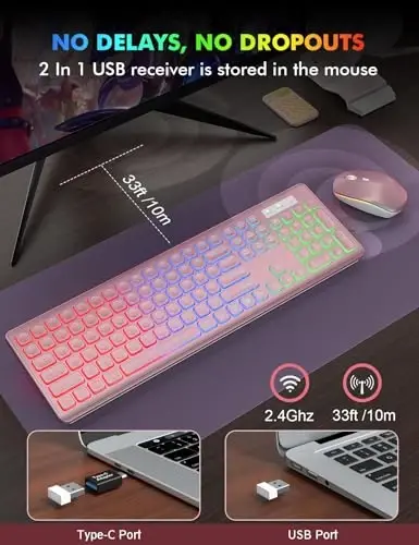 Simsiz klaviatura va sichqoncha kombinatsiyasi, RGB yoritgichli, qayta zaryadlanuvchi va yoritilgan harflar, toʻliq oʻlchamli, yumshoq terish, uyqu rejimi, Mac, Windows, noutbuk, kompyuter uchun 2,4 GHz sokin klaviatura toʻplami, Trueque (pushti gul) - 4