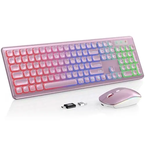 Simsiz klaviatura va sichqoncha kombinatsiyasi, RGB yoritgichli, qayta zaryadlanuvchi va yoritilgan harflar, toʻliq oʻlchamli, yumshoq terish, uyqu rejimi, Mac, Windows, noutbuk, kompyuter uchun 2,4 GHz sokin klaviatura toʻplami, Trueque (pushti gul) - 5