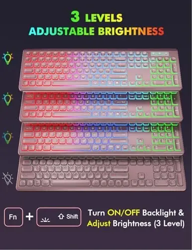 Simsiz klaviatura va sichqoncha kombinatsiyasi, RGB yoritgichli, qayta zaryadlanuvchi va yoritilgan harflar, toʻliq oʻlchamli, yumshoq terish, uyqu rejimi, Mac, Windows, noutbuk, kompyuter uchun 2,4 GHz sokin klaviatura toʻplami, Trueque (pushti gul) - TRUEQUE