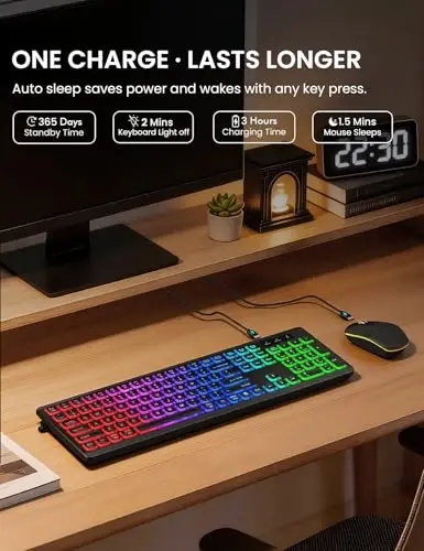 Simsiz Klaviatura va Sichqoncha Kombinosi - RGB Orqa Fon Yoritishli, Qayta Zaryadlanuvchi va Yorituvchi Harflar, To'liq Hajmli, Ergonomik Moyillik Burchagi, Uyqu Rejimi, Mac, Windows, Noutbuk, Kompyuter uchun 2.4GHz Jim Klaviatura Sichqoncha, Trueque - 3