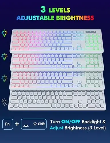 Simsiz Klaviatura va Sichqoncha - RGB Orqa yorug'likli, Qayta zaryadlanuvchi va Yorqin harflar, To'liq o'lchamli, Ergonomik qiyalik burchagi, Uxlash rejimi, Mac, Windows, Noutbuk, PC uchun 2,4 GHz sokin klaviatura sichqonchasi, Trueque(Oq) - TRUEQUE