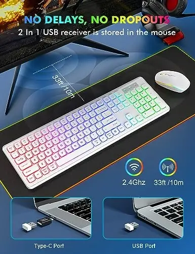 Simsiz Klaviatura va Sichqoncha - RGB Orqa yorug'likli, Qayta zaryadlanuvchi va Yorqin harflar, To'liq o'lchamli, Ergonomik qiyalik burchagi, Uxlash rejimi, Mac, Windows, Noutbuk, PC uchun 2,4 GHz sokin klaviatura sichqonchasi, Trueque(Oq) - 4