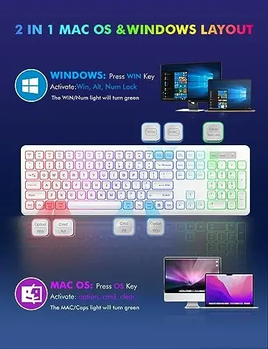 Simsiz Klaviatura va Sichqoncha - RGB Orqa yorug'likli, Qayta zaryadlanuvchi va Yorqin harflar, To'liq o'lchamli, Ergonomik qiyalik burchagi, Uxlash rejimi, Mac, Windows, Noutbuk, PC uchun 2,4 GHz sokin klaviatura sichqonchasi, Trueque(Oq) - 5