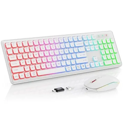 Simsiz Klaviatura va Sichqoncha - RGB Orqa yorug'likli, Qayta zaryadlanuvchi va Yorqin harflar, To'liq o'lchamli, Ergonomik qiyalik burchagi, Uxlash rejimi, Mac, Windows, Noutbuk, PC uchun 2,4 GHz sokin klaviatura sichqonchasi, Trueque(Oq) - 6