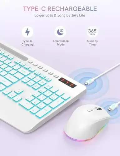 Simsiz klaviatura va sichqoncha to'plami, 7 rangli yoritgichli, bilak suyanchi, qayta zaryadlanuvchi ergonomik klaviatura telefon ushlagichi bilan, Windows, Mac, PC, noutbuk uchun jim yoritilgan to'liq o'lchamli to'plam-Trueque (Oq) - 4