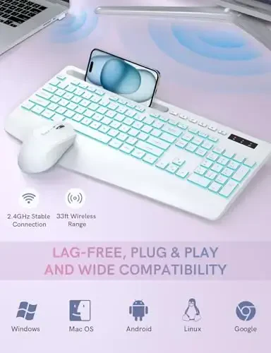 Simsiz klaviatura va sichqoncha to'plami, 7 rangli yoritgichli, bilak suyanchi, qayta zaryadlanuvchi ergonomik klaviatura telefon ushlagichi bilan, Windows, Mac, PC, noutbuk uchun jim yoritilgan to'liq o'lchamli to'plam-Trueque (Oq) - 5