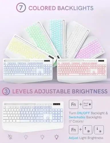 Simsiz klaviatura va sichqoncha to'plami, 7 rangli orqa yoritgichli, bilak uchun tayanch, qayta zaryadlanuvchi ergonomik klaviatura telefon ushlagichi bilan, Windows, Mac, PC, noutbuk uchun ovozsiz yoritilgan to'liq o'lchamli to'plam - Trueque (oq) - 2