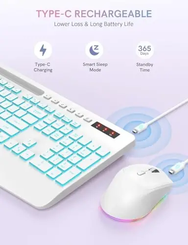 Simsiz klaviatura va sichqoncha to'plami, 7 rangli orqa yoritgichli, bilak uchun tayanch, qayta zaryadlanuvchi ergonomik klaviatura telefon ushlagichi bilan, Windows, Mac, PC, noutbuk uchun ovozsiz yoritilgan to'liq o'lchamli to'plam - Trueque (oq) - 4