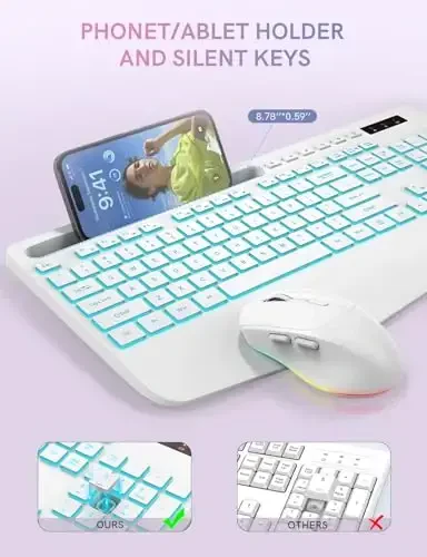 Simsiz klaviatura va sichqoncha to'plami, 7 rangli orqa yoritgichli, bilak uchun tayanch, qayta zaryadlanuvchi ergonomik klaviatura telefon ushlagichi bilan, Windows, Mac, PC, noutbuk uchun ovozsiz yoritilgan to'liq o'lchamli to'plam - Trueque (oq) - 6