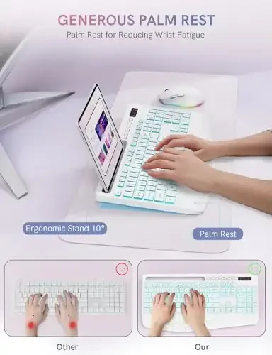 Simsiz klaviatura va sichqoncha to'plami, 7 rangli orqa yoritgichli, bilak uchun tayanchli, qayta zaryadlanuvchi ergonomik klaviatura, telefon ushlagichi, Windows, Mac, PC, noutbuk uchun ovozsiz yoritilgan to'liq o'lchamli to'plam - Trueque (oq) - 3