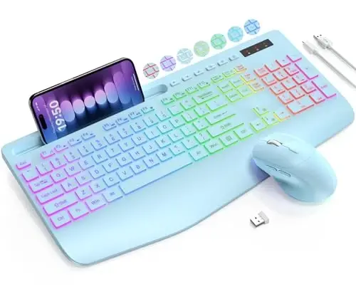Simsiz Klaviatura va Sichqoncha To'plami, 9 ta Orqa Yoritish Effektlari, Bilak Tayanchi, Telefon Ushlagichi, 3 DPI Tezlik, 2.4G Ergonomik Klaviaturalar, Kompyuter, Noutbuk, Mac, Windows uchun KM22 MAX Zaryadlanuvchi Sokin To'plam, Ko'k-SABLUTE 