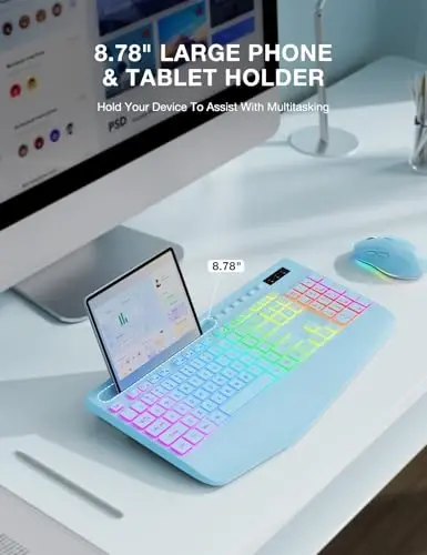 Simsiz Klaviatura va Sichqoncha To'plami, 9 ta Orqa Yoritish Effektlari, Bilak Tayanchi, Telefon Ushlagichi, 3 DPI Tezlik, 2.4G Ergonomik Klaviaturalar, Kompyuter, Noutbuk, Mac, Windows uchun KM22 MAX Zaryadlanuvchi Sokin To'plam, Ko'k-SABLUTE - 4