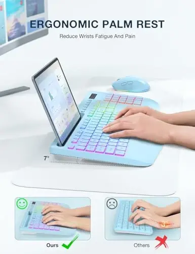 Simsiz Klaviatura va Sichqoncha To'plami, 9 ta Orqa Yoritish Effektlari, Bilak Tayanchi, Telefon Ushlagichi, 3 DPI Tezlik, 2.4G Ergonomik Klaviaturalar, Kompyuter, Noutbuk, Mac, Windows uchun KM22 MAX Zaryadlanuvchi Sokin To'plam, Ko'k-SABLUTE - 6