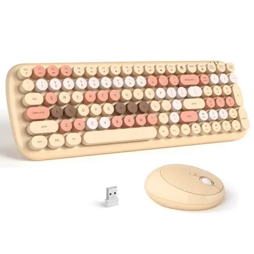 Simsiz klaviatura va sichqoncha to'plami - GEEZER Pale Coffee Rangli Dumaloq Kalpikli Klaviatura 100 ta Tugma - USB 2.4G Qabul qilgich Ulang va O'yna Yozuv Mashinasi Klaviaturalari Windows, PC, Noutbuk, Desktop uchun 