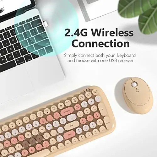 Simsiz klaviatura va sichqoncha to'plami - GEEZER Pale Coffee Rangli Dumaloq Kalpikli Klaviatura 100 ta Tugma - USB 2.4G Qabul qilgich Ulang va O'yna Yozuv Mashinasi Klaviaturalari Windows, PC, Noutbuk, Desktop uchun - 2