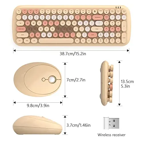 Simsiz klaviatura va sichqoncha to'plami - GEEZER Pale Coffee Rangli Dumaloq Kalpikli Klaviatura 100 ta Tugma - USB 2.4G Qabul qilgich Ulang va O'yna Yozuv Mashinasi Klaviaturalari Windows, PC, Noutbuk, Desktop uchun - 7