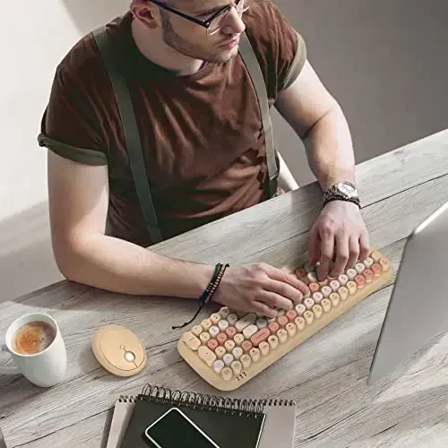 Simsiz klaviatura va sichqoncha to'plami - GEEZER Pale Coffee Rangli Dumaloq Kalpikli Klaviatura 100 ta Tugma - USB 2.4G Qabul qilgich Ulang va O'yna Yozuv Mashinasi Klaviaturalari Windows, PC, Noutbuk, Desktop uchun - 3