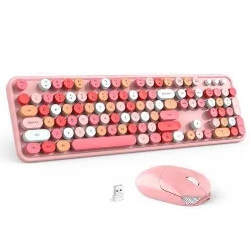 Simsiz klaviatura va sichqoncha to'plami - GEEZER shaftoli pushti to'liq o'lchamli rangli klaviatura 104 tugma - USB 2.4 G qabul qiluvchi Windows, PC, noutbuk, ish stoli uchun dumaloq tugmachali yozuv mashinasi klaviaturalari bilan ulang va o'ynang 