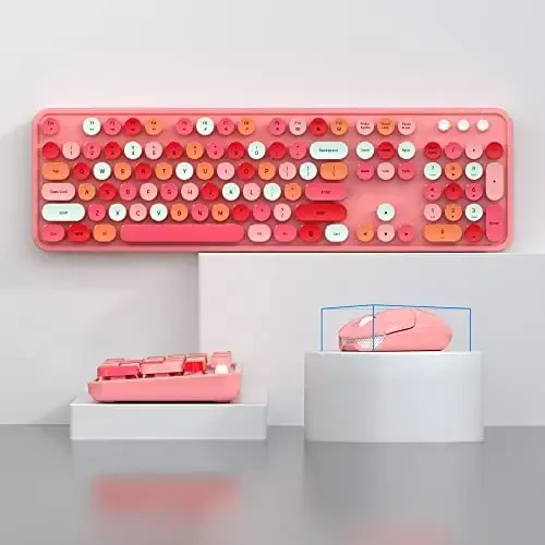 Simsiz klaviatura va sichqoncha to'plami - GEEZER shaftoli pushti to'liq o'lchamli rangli klaviatura 104 tugma - USB 2.4 G qabul qiluvchi Windows, PC, noutbuk, ish stoli uchun dumaloq tugmachali yozuv mashinasi klaviaturalari bilan ulang va o'ynang - 7